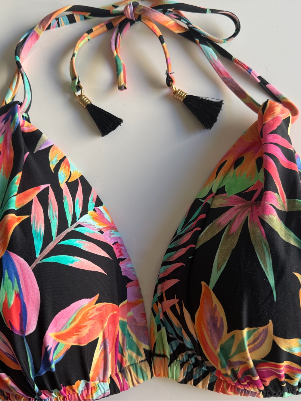 La Blanca Molded Triangle Bikini Top Tie with Black Tassels
